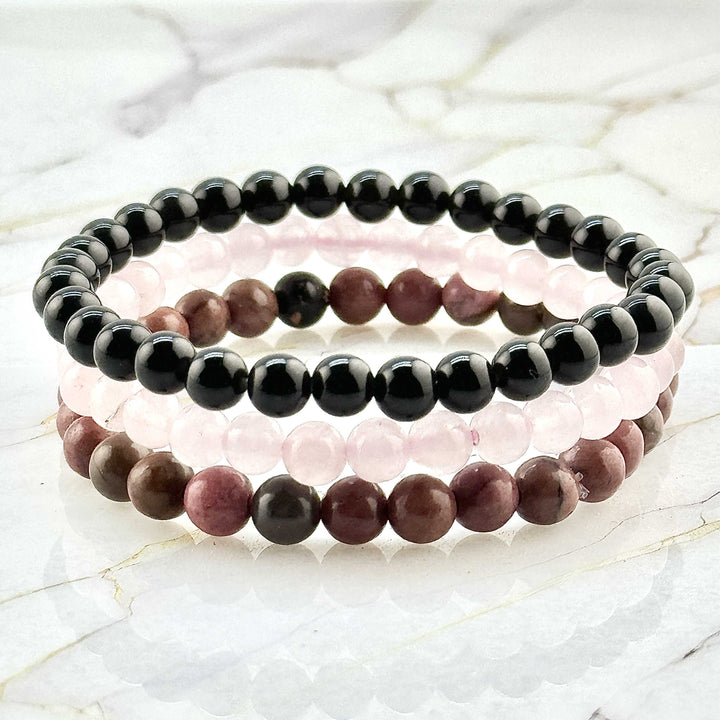 Ensemble Bracelet "Triple Confiance" en Quartz Rose, Rhodonite et Onyx noir