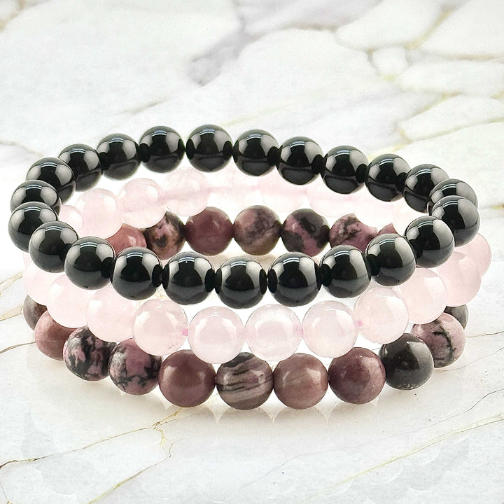 Ensemble Bracelet "Triple Confiance" en Quartz Rose, Rhodonite et Onyx noir